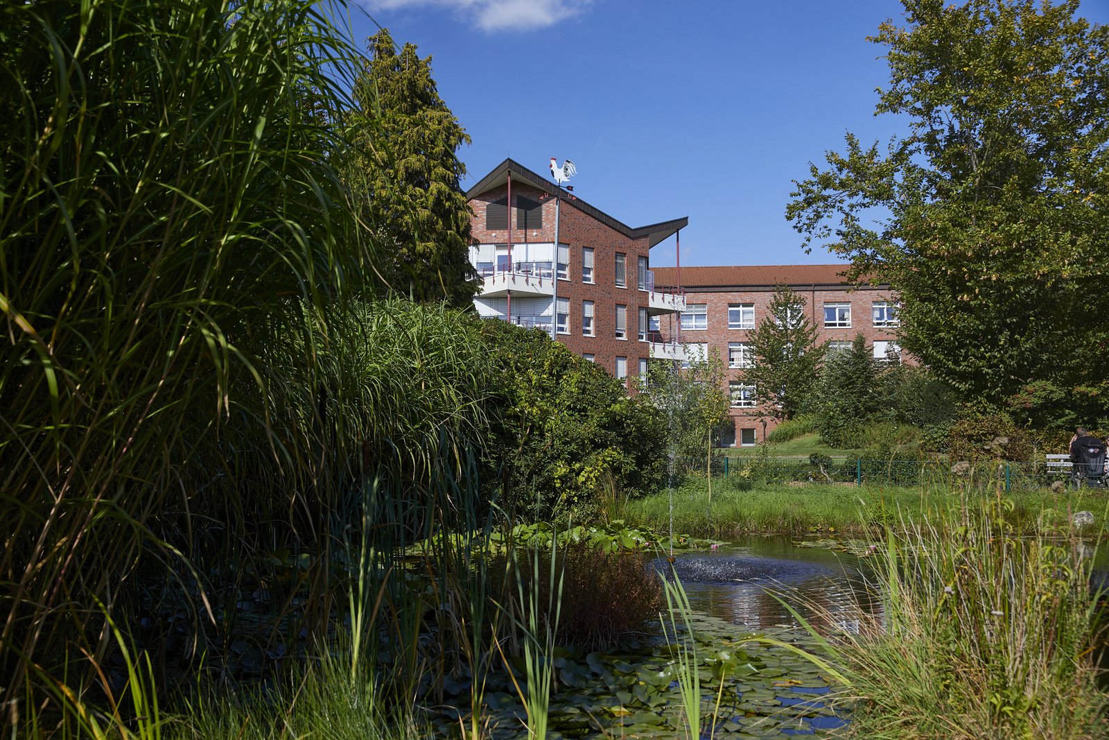 Im Vordergrund sieht man den Teich, im Hintergrund das Augustahospital